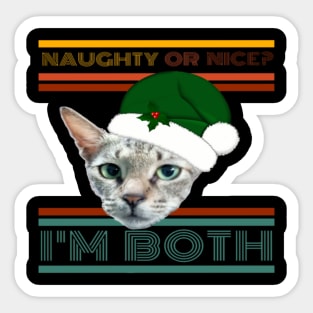 Naughty Or Nice? I'm Both Funny Retro Text Design with Cat in Green Santa Hat with Holly Sticker